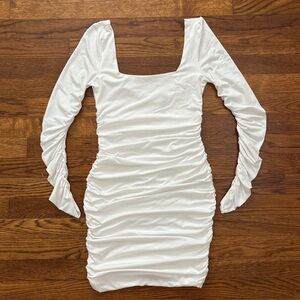 Rosedress Long Sleeve Square Neck Ruched Bodycon Mini Cocktail Dress - White